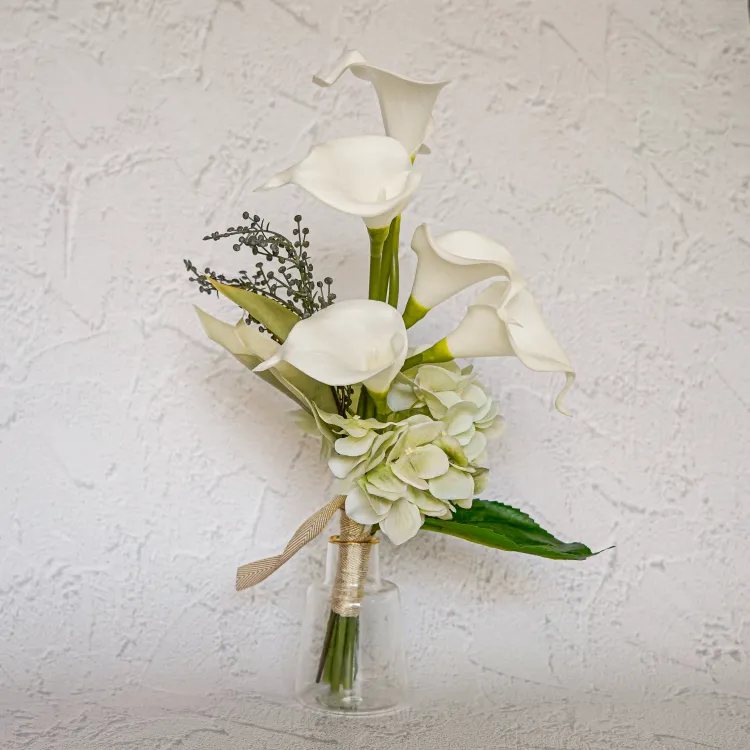 カラーリリーと紫陽花のミニブーケ 花瓶アレンジメント 造花 アーティフィシャルフラワ